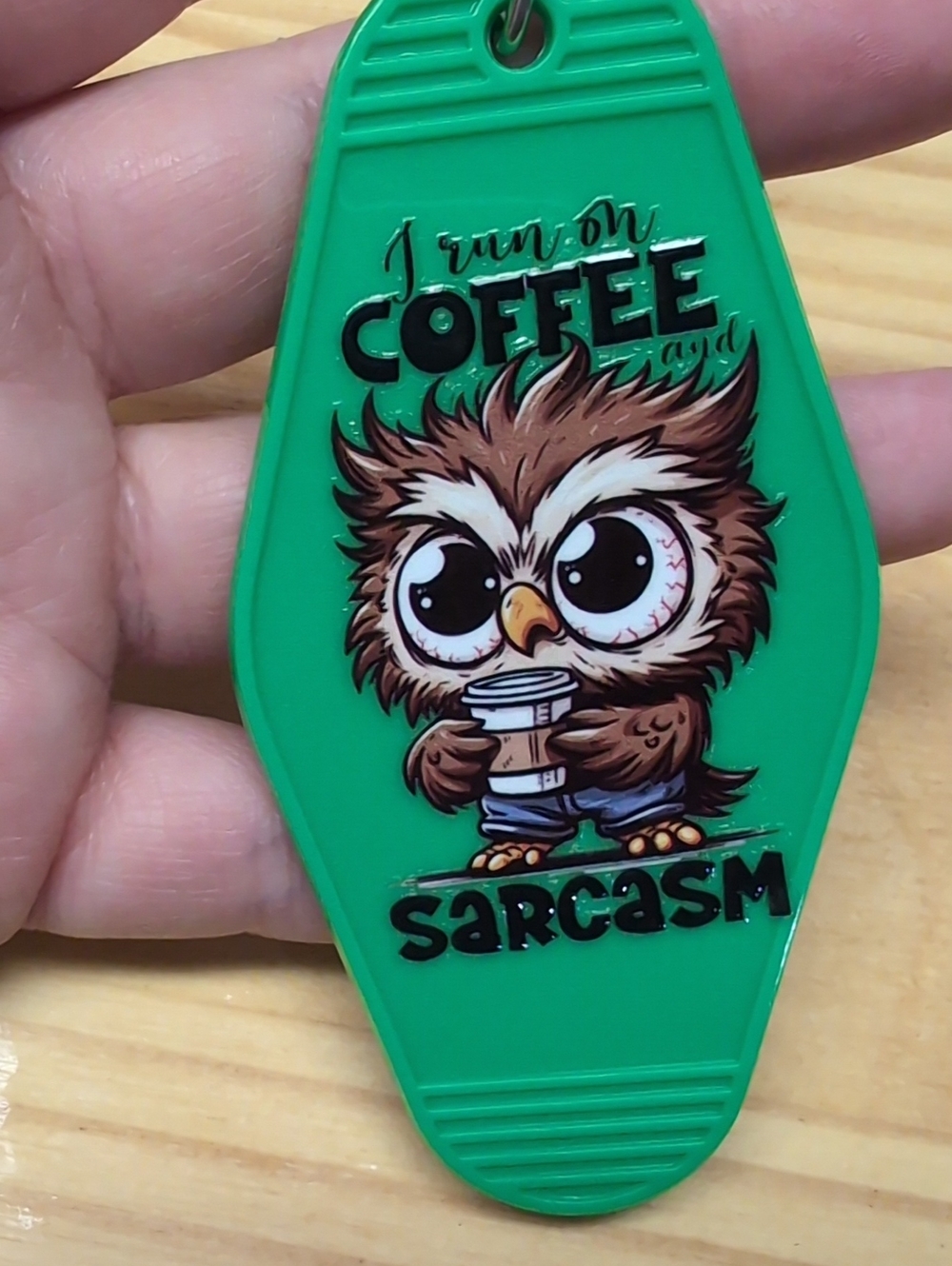 Green Owl Coffee & Sarcasm Keychain - Picture 2 of 2